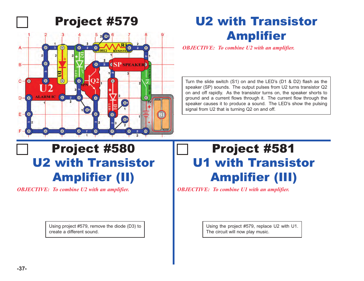 Project #579, Project #581 u1 with transistor amplifier (iii) | Elenco Upgrade Kit SC100 to SC750 User Manual | Page 178 / 288