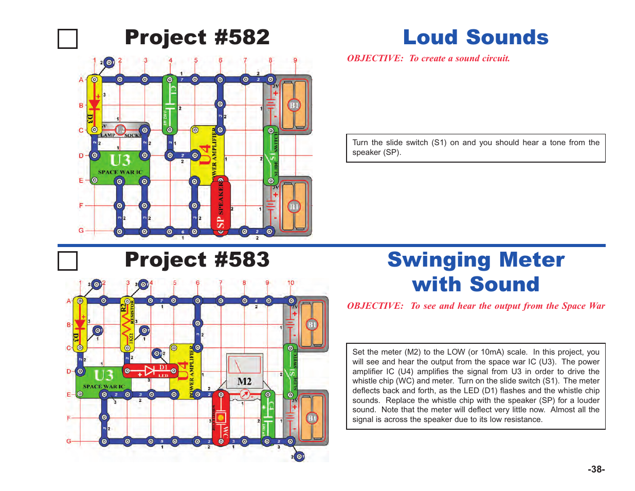 Project #582, Loud sounds, Project #583 | Swinging meter with sound | Elenco Upgrade Kit SC100 to SC750 User Manual | Page 179 / 288