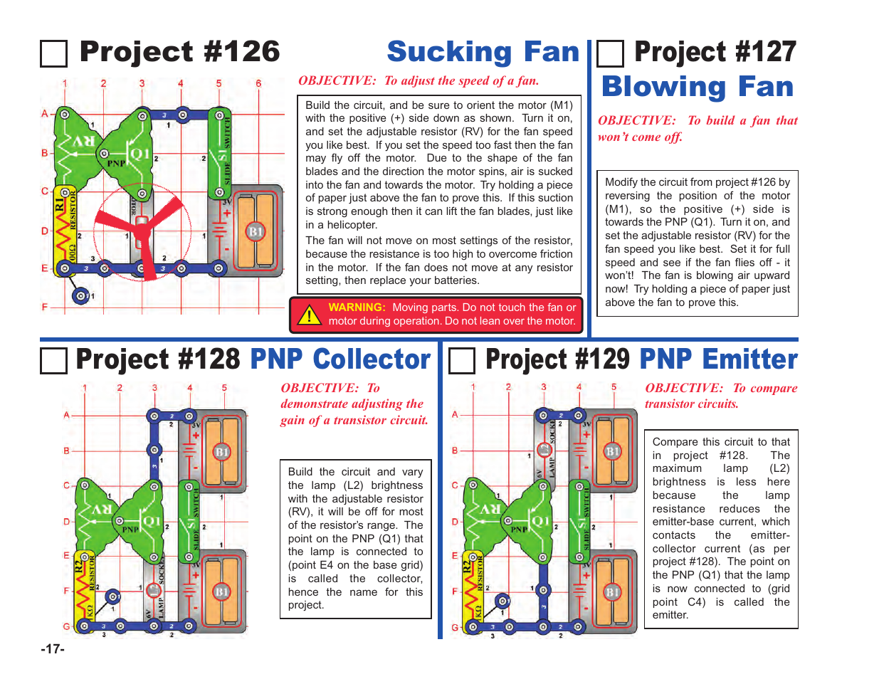 Project #126 sucking fan, Project #128 pnp collector | Elenco Upgrade Kit SC100 to SC750 User Manual | Page 18 / 288