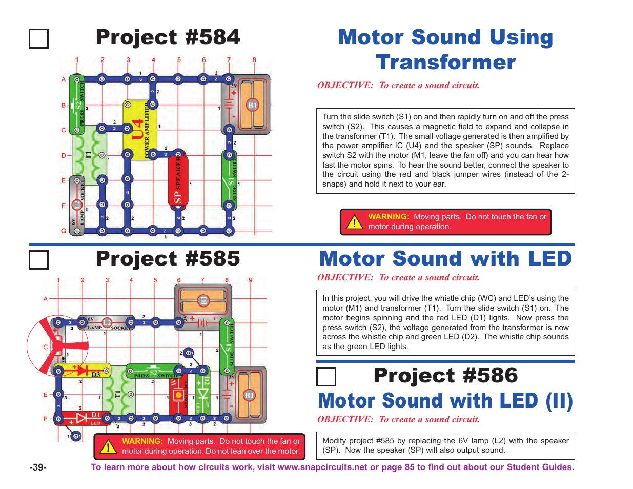 Project #584, Motor sound using transformer project #585, Motor sound with led | Motor sound with led (ii) project #586 | Elenco Upgrade Kit SC100 to SC750 User Manual | Page 180 / 288