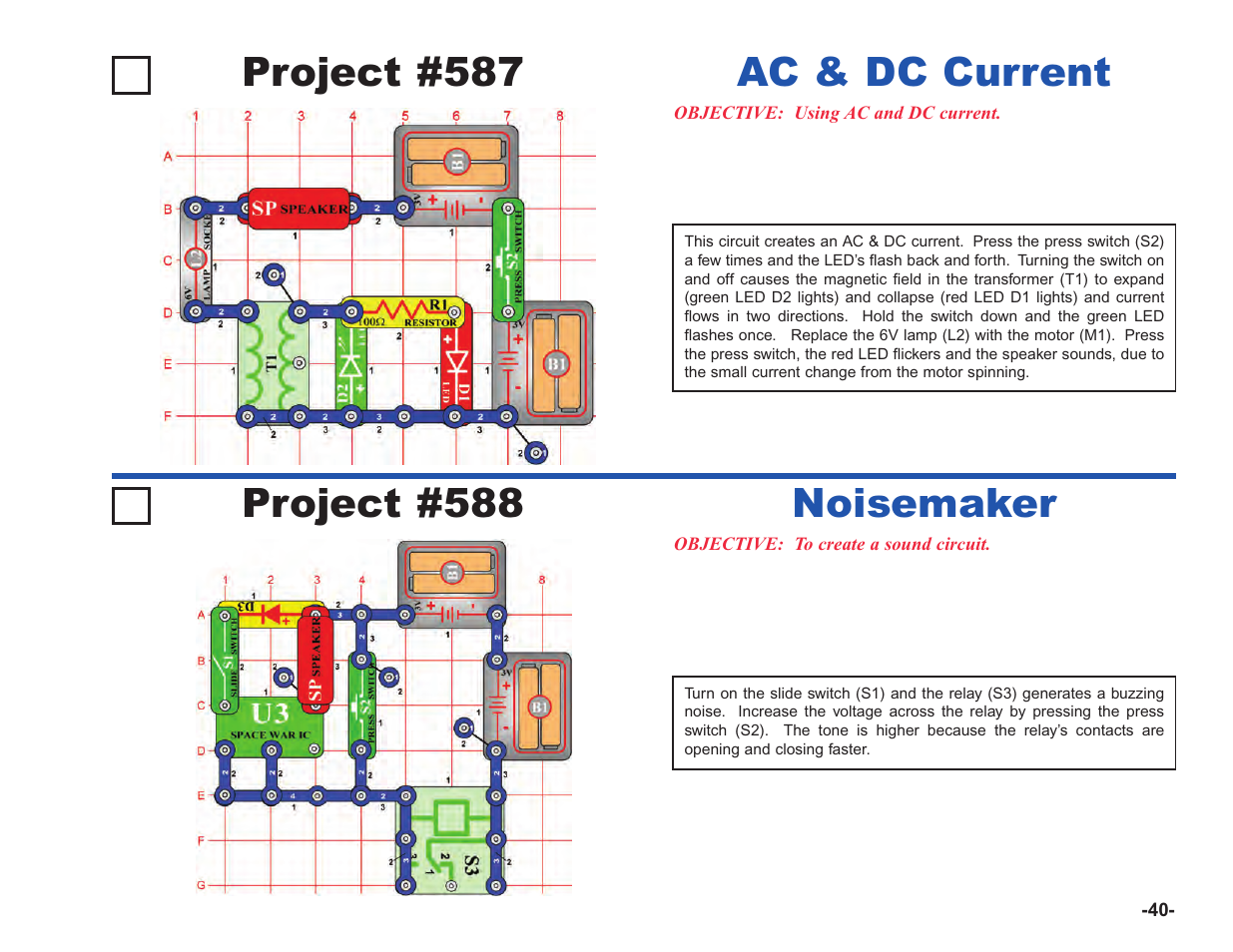 Project #587, Ac & dc current, Project #588 | Noisemaker | Elenco Upgrade Kit SC100 to SC750 User Manual | Page 181 / 288
