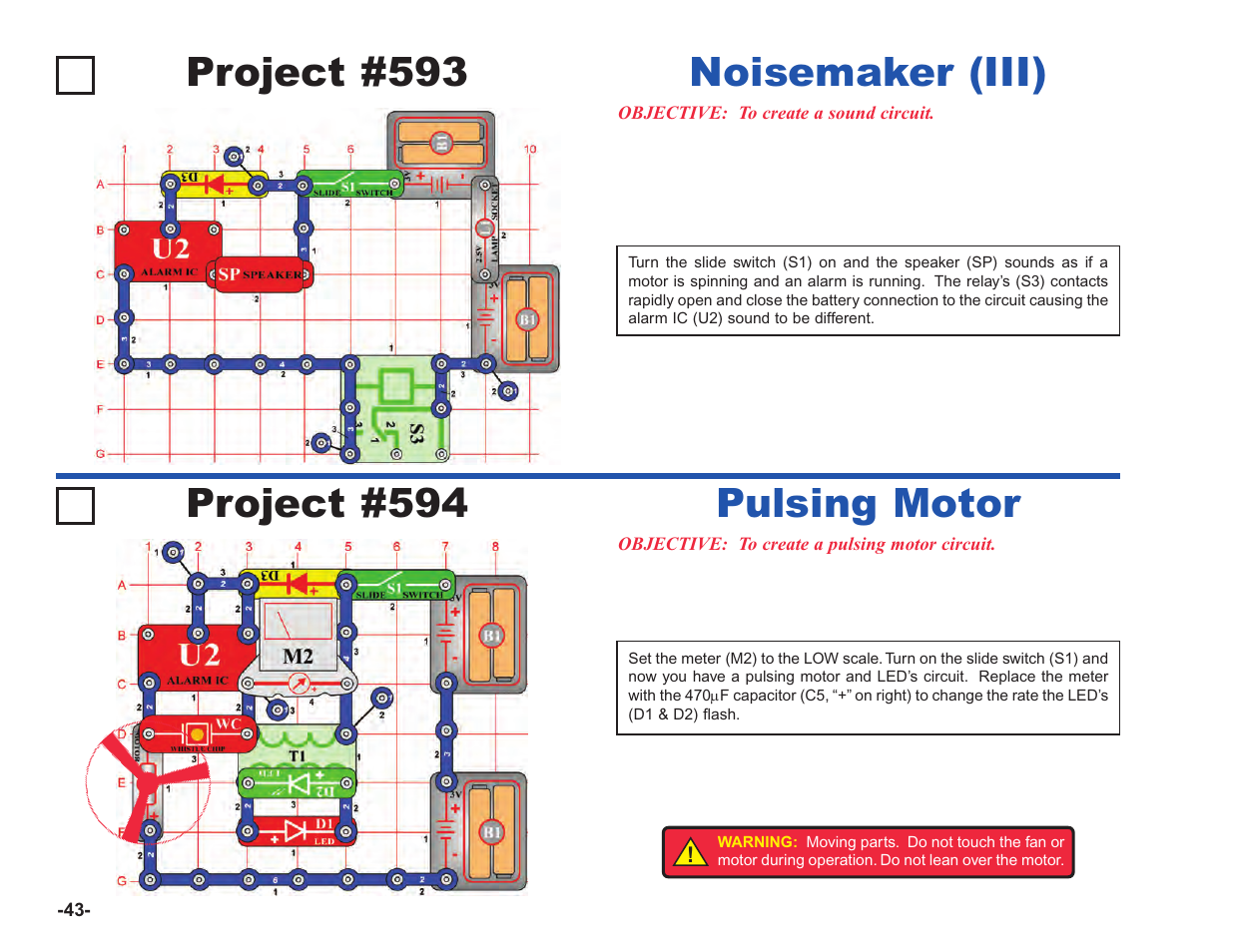 Project #594, Pulsing motor, Project #593 | Noisemaker (iii) | Elenco Upgrade Kit SC100 to SC750 User Manual | Page 184 / 288