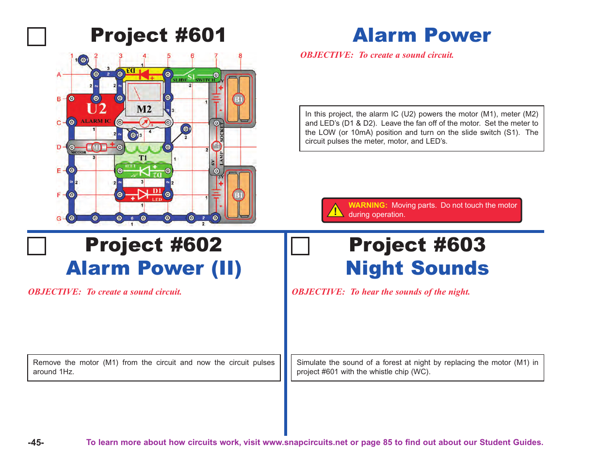 Project #601, Alarm power project #602 alarm power (ii), Project #603 night sounds | Elenco Upgrade Kit SC100 to SC750 User Manual | Page 186 / 288