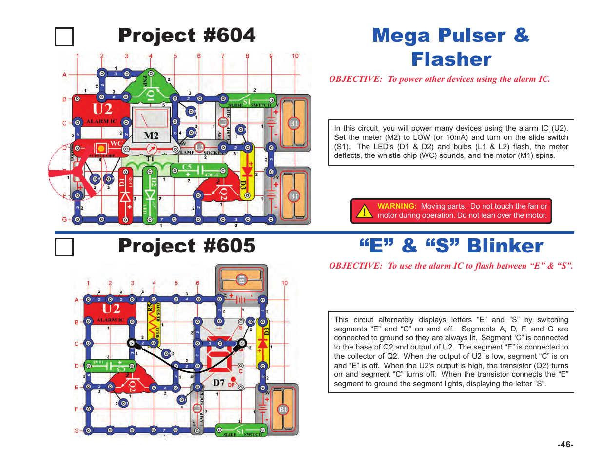 Project #604, Mega pulser & flasher, Project #605 | E” & “s” blinker | Elenco Upgrade Kit SC100 to SC750 User Manual | Page 187 / 288