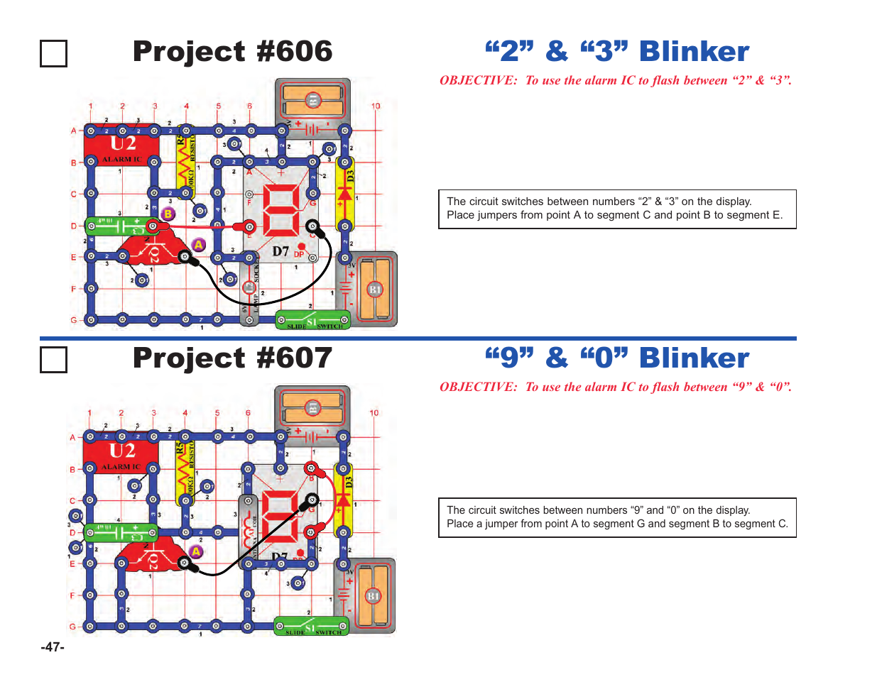 Project #606, 2” & “3” blinker, Project #607 | 9” & “0” blinker | Elenco Upgrade Kit SC100 to SC750 User Manual | Page 188 / 288