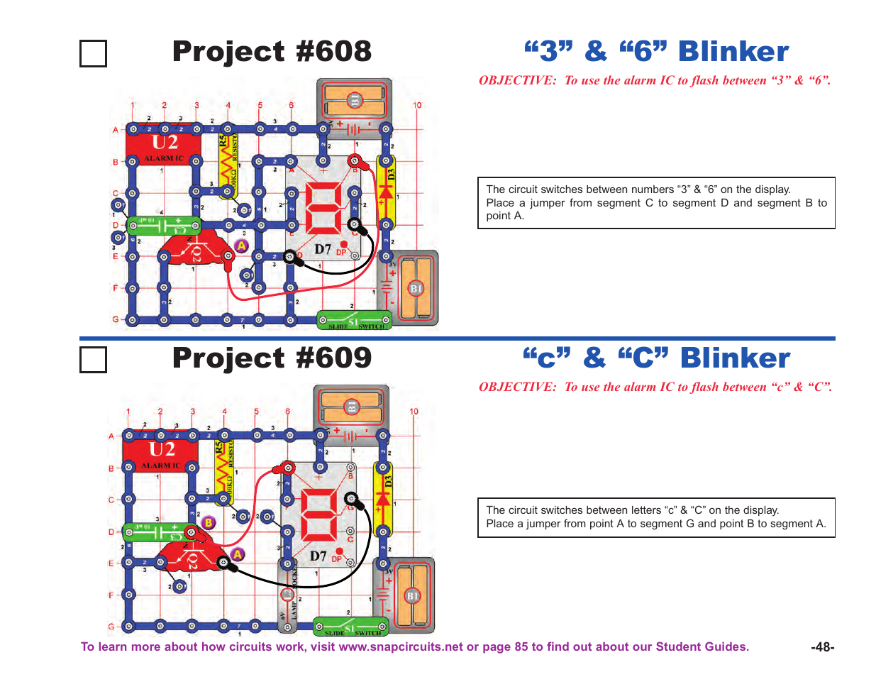 Project #608, 3” & “6” blinker, Project #609 | C” & “c” blinker | Elenco Upgrade Kit SC100 to SC750 User Manual | Page 189 / 288