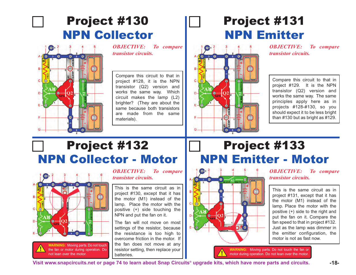 Project #130 npn collector, Project #131 npn emitter, Project #132 npn collector - motor | Project #133 npn emitter - motor | Elenco Upgrade Kit SC100 to SC750 User Manual | Page 19 / 288