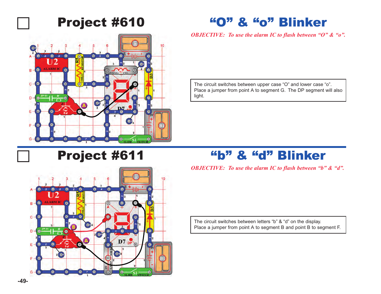 Project #610, O” & “o” blinker, Project #611 | B” & “d” blinker | Elenco Upgrade Kit SC100 to SC750 User Manual | Page 190 / 288