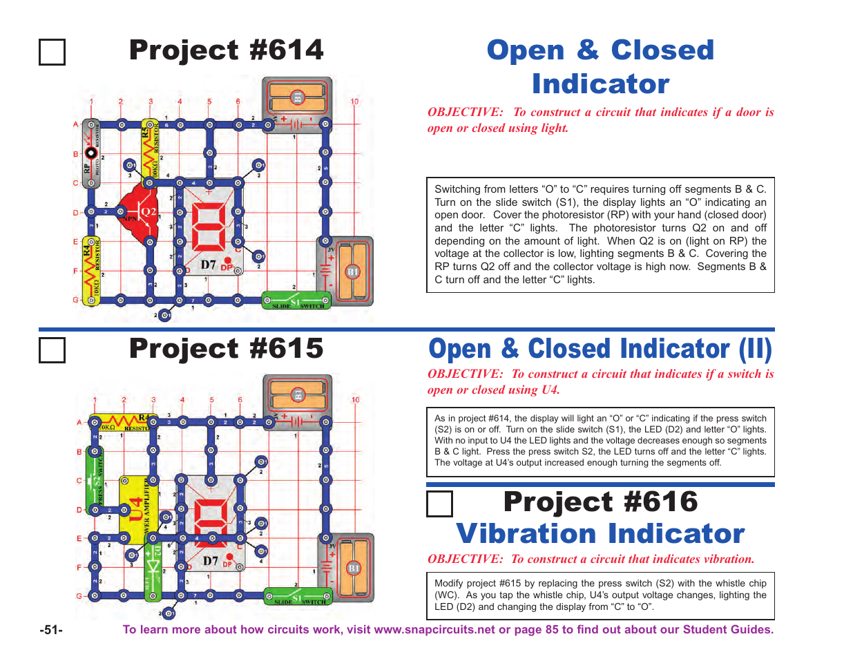 Project #614, Open & closed indicator, Project #615 | Open & closed indicator (ii), Vibration indicator project #616 | Elenco Upgrade Kit SC100 to SC750 User Manual | Page 192 / 288