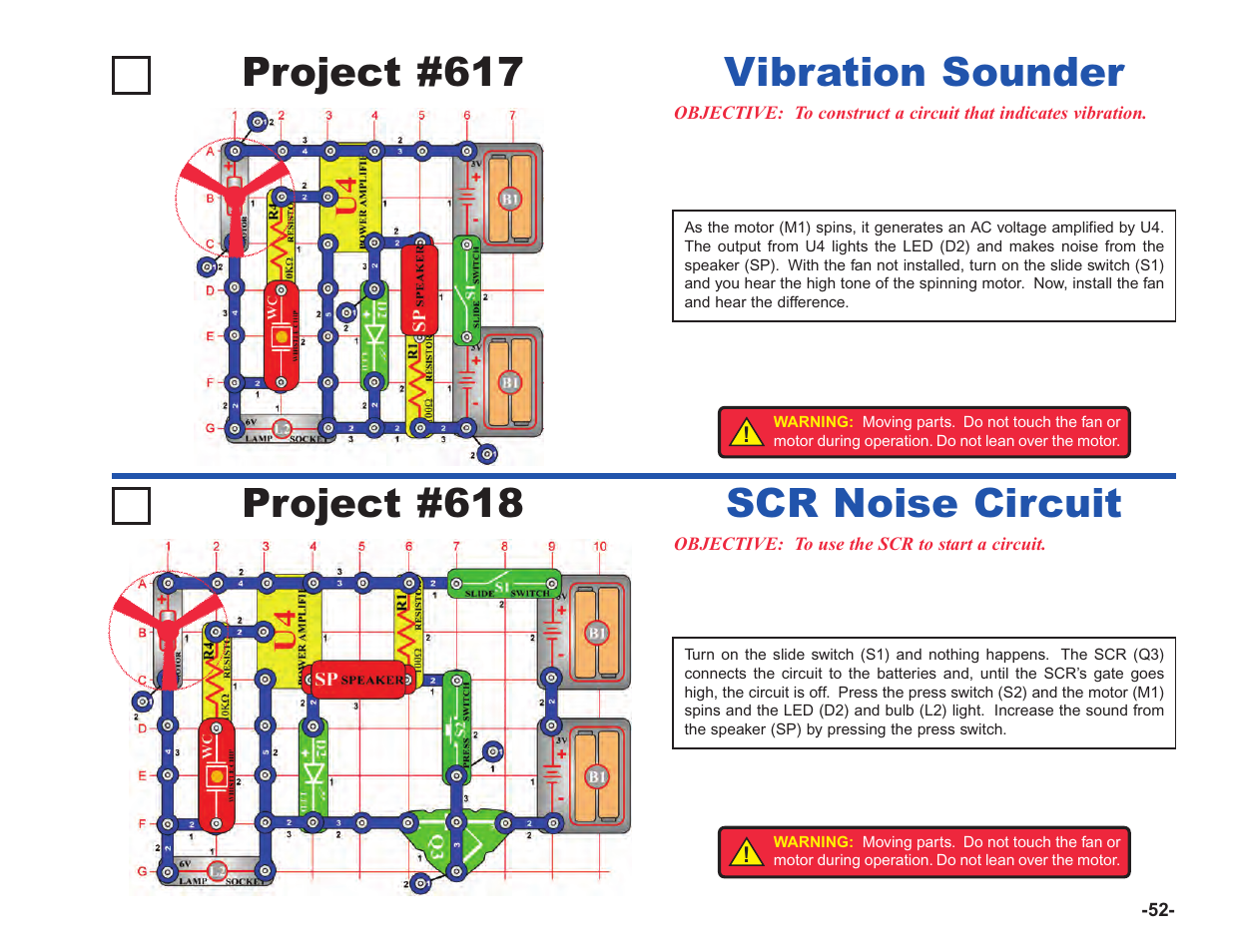 Project #617, Vibration sounder project #618, Scr noise circuit | Elenco Upgrade Kit SC100 to SC750 User Manual | Page 193 / 288