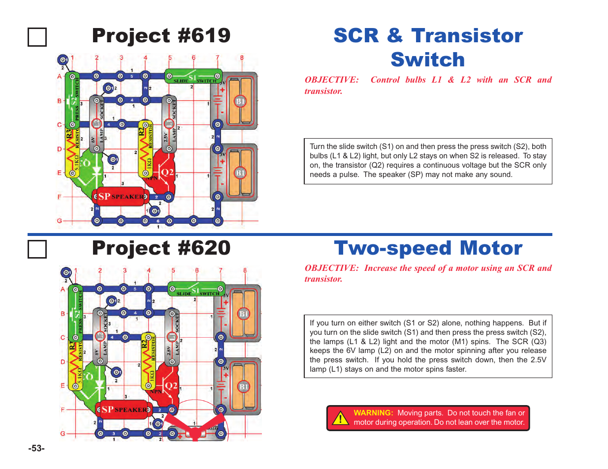 Project #619, Scr & transistor switch, Project #620 | Two-speed motor | Elenco Upgrade Kit SC100 to SC750 User Manual | Page 194 / 288