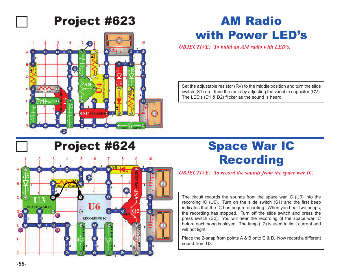 Project #623, Am radio with power led’s, Project #624 | Space war ic recording | Elenco Upgrade Kit SC100 to SC750 User Manual | Page 196 / 288
