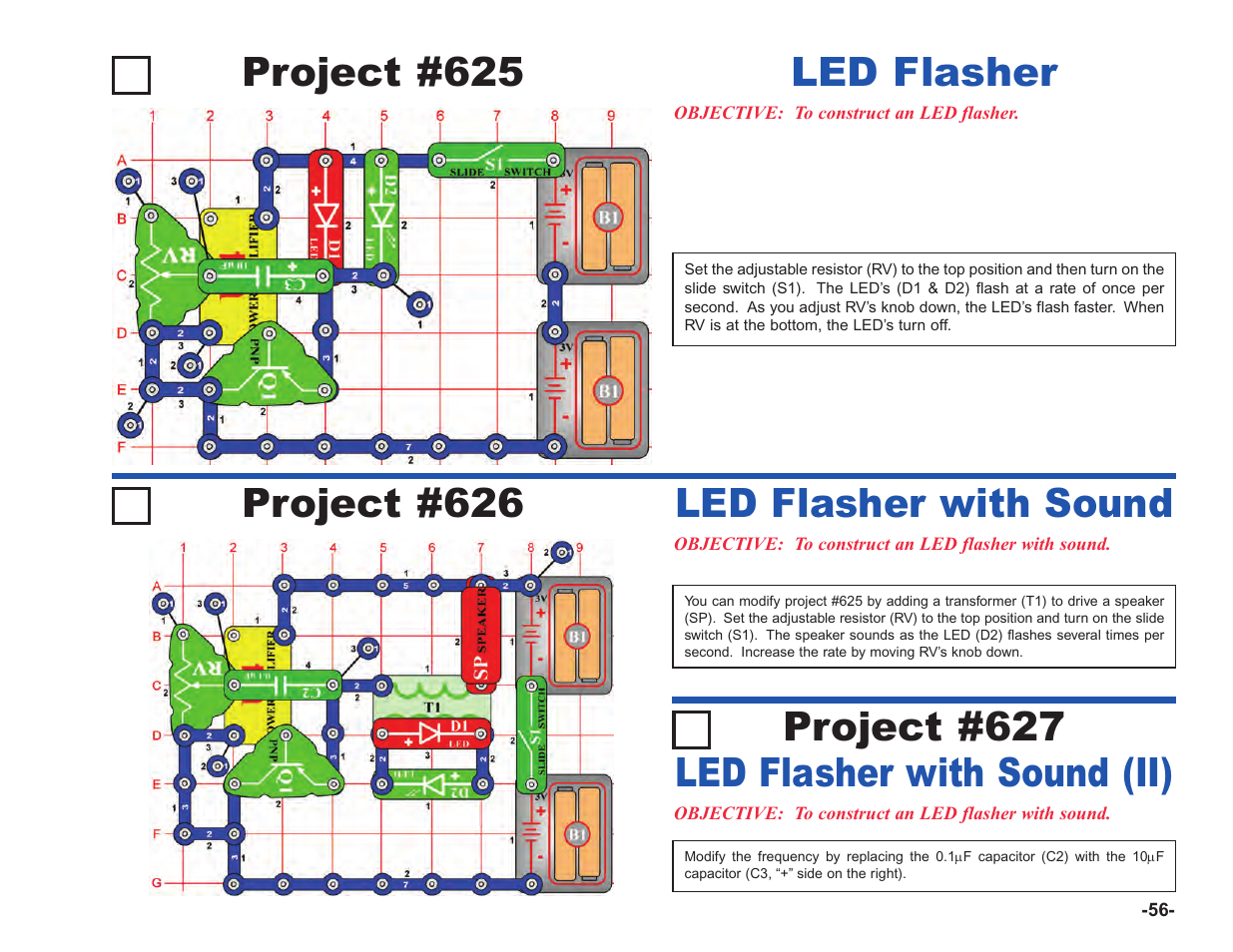 Project #625, Led flasher, Project #626 | Led flasher with sound, Led flasher with sound (ii) project #627 | Elenco Upgrade Kit SC100 to SC750 User Manual | Page 197 / 288
