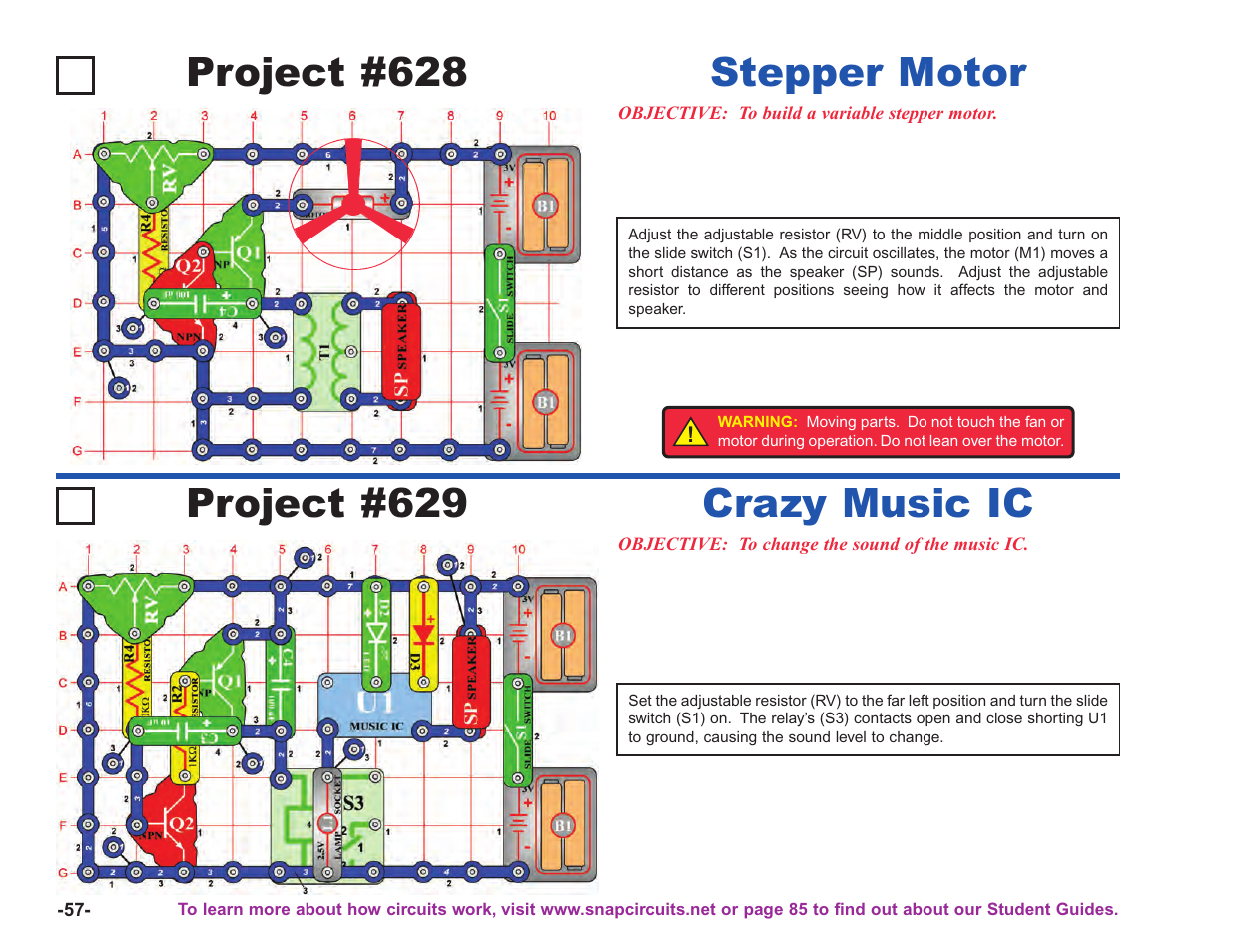 Project #628, Stepper motor, Project #629 | Crazy music ic | Elenco Upgrade Kit SC100 to SC750 User Manual | Page 198 / 288