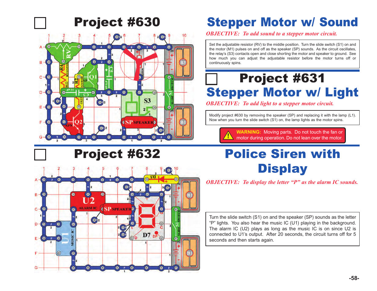 Project #630, Stepper motor w/ sound, Project #631 | Stepper motor w/ light project #632, Police siren with display | Elenco Upgrade Kit SC100 to SC750 User Manual | Page 199 / 288
