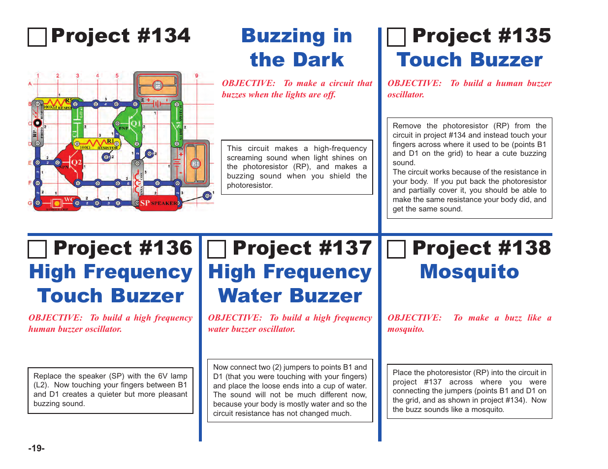 Project #134, Project #137 high frequency water buzzer, Project #138 mosquito | Project #135 touch buzzer | Elenco Upgrade Kit SC100 to SC750 User Manual | Page 20 / 288