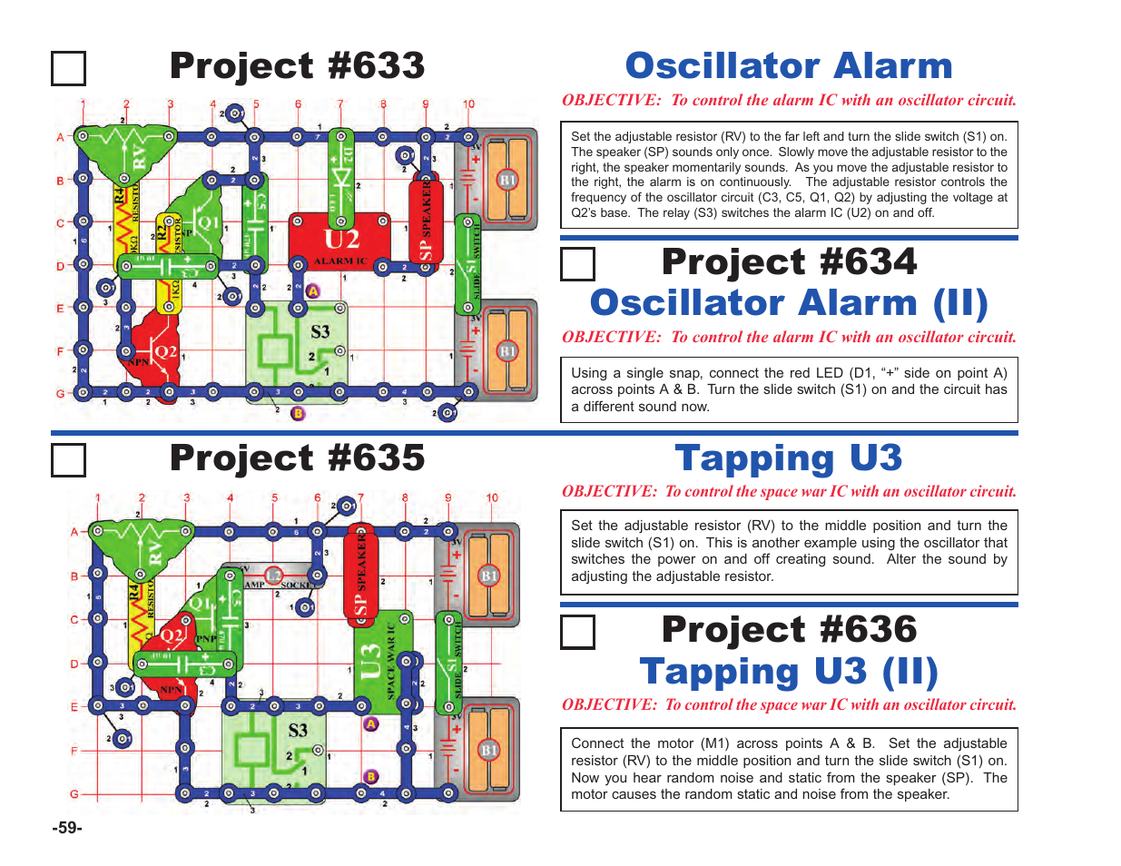 Project #633, Oscillator alarm, Project #635 | Tapping u3, Oscillator alarm (ii) project #634, Tapping u3 (ii) project #636 | Elenco Upgrade Kit SC100 to SC750 User Manual | Page 200 / 288