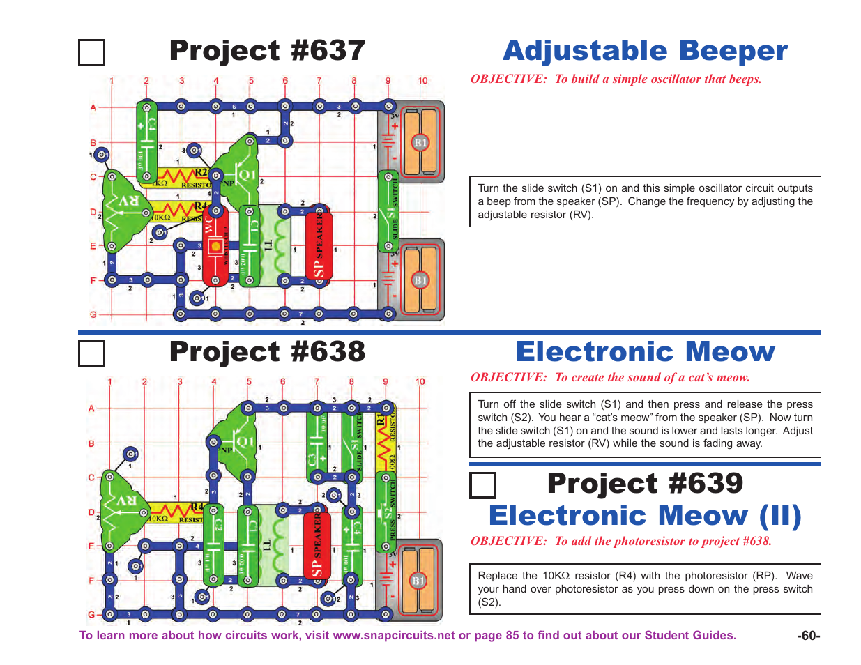 Project #637, Adjustable beeper, Project #638 | Electronic meow, Electronic meow (ii) project #639 | Elenco Upgrade Kit SC100 to SC750 User Manual | Page 201 / 288