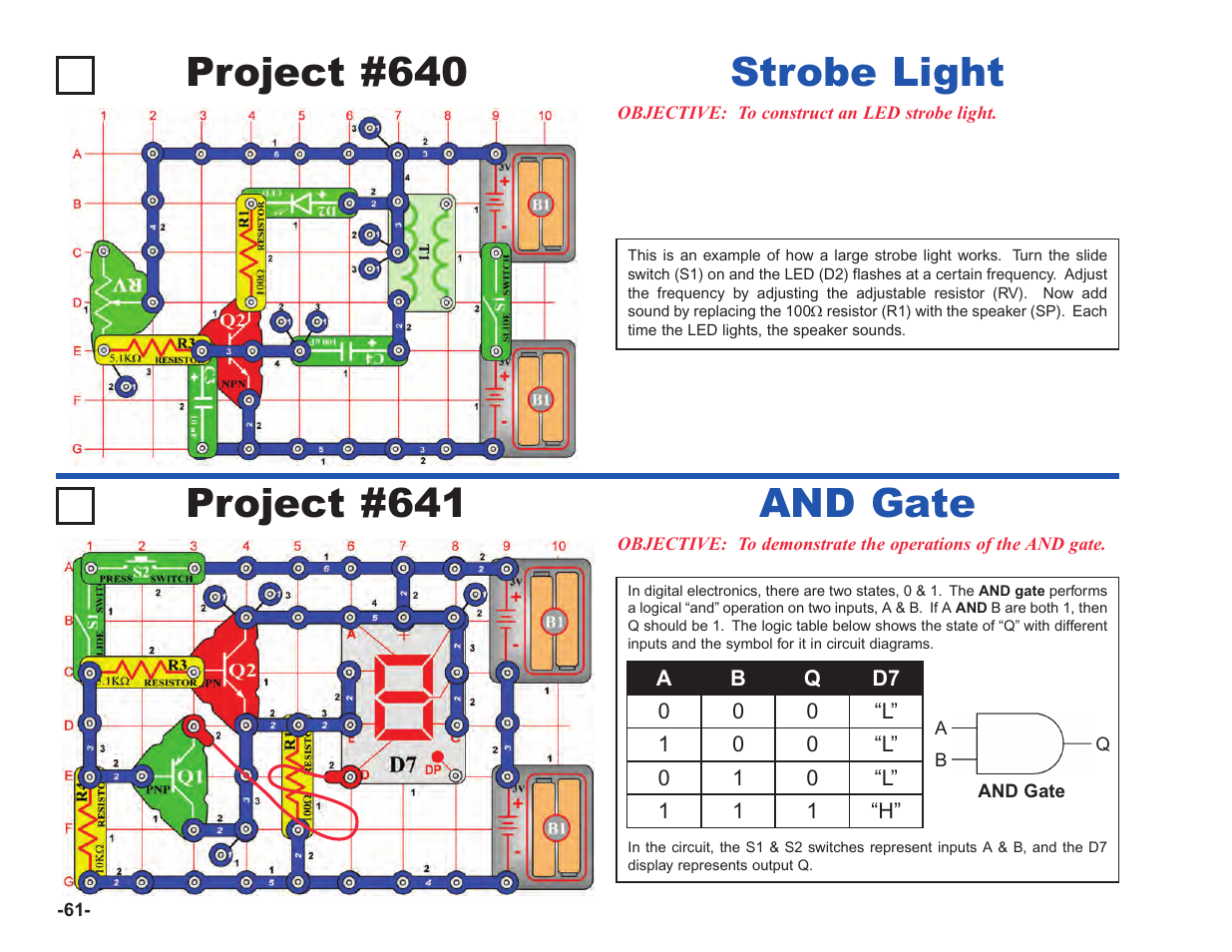 Project #640, Strobe light, Project #641 | And gate | Elenco Upgrade Kit SC100 to SC750 User Manual | Page 202 / 288