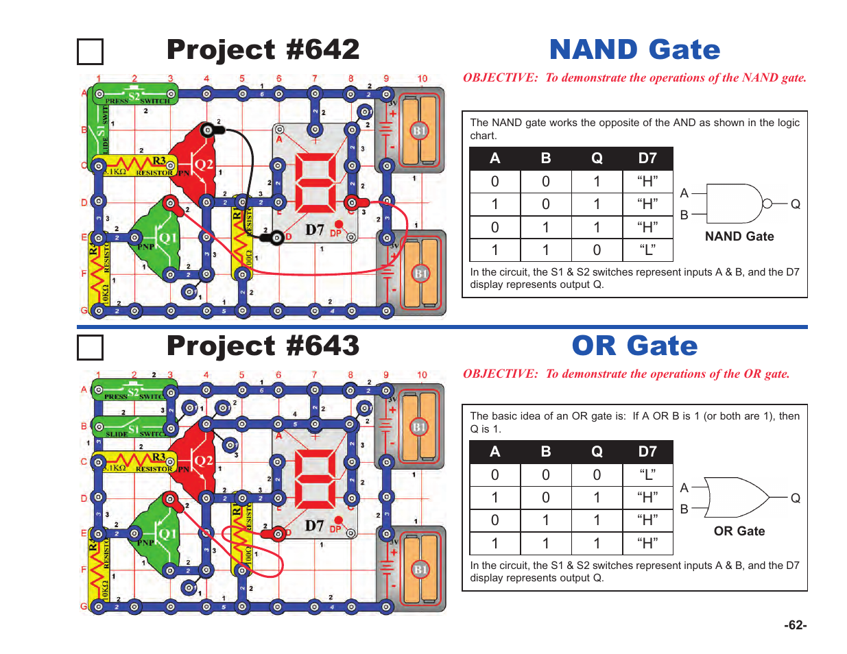 Project #642, Nand gate project #643, Or gate | Elenco Upgrade Kit SC100 to SC750 User Manual | Page 203 / 288