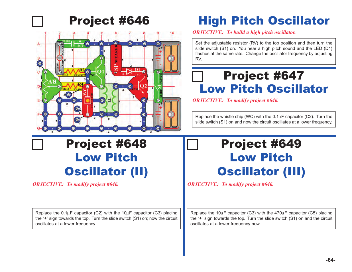 Project #646, Project #649 low pitch oscillator (iii), Low pitch oscillator project #647 | Elenco Upgrade Kit SC100 to SC750 User Manual | Page 205 / 288