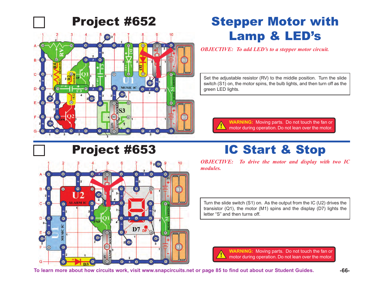 Project #652, Stepper motor with lamp & led’s, Project #653 | Ic start & stop | Elenco Upgrade Kit SC100 to SC750 User Manual | Page 207 / 288