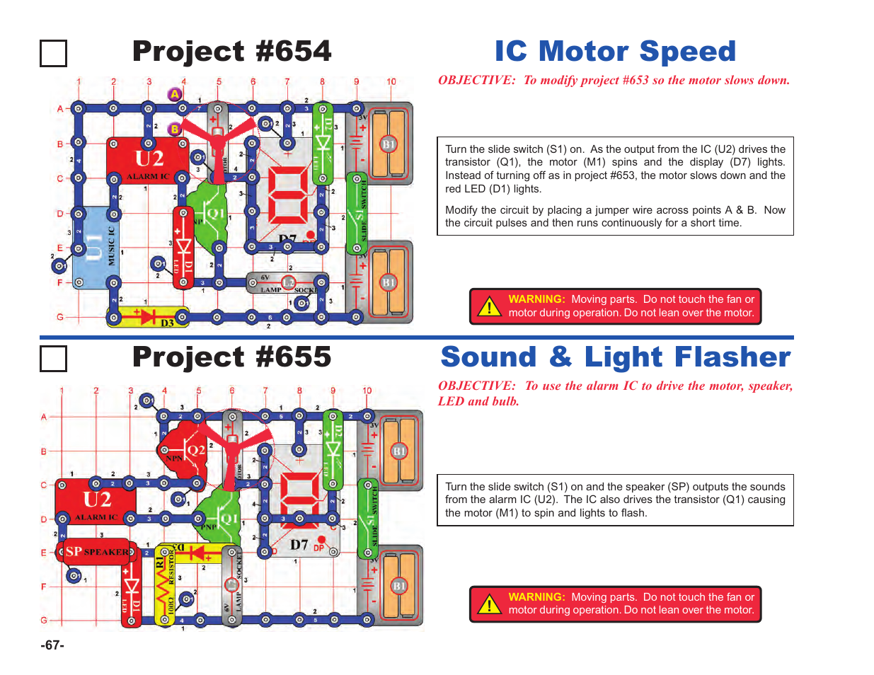 Project #654, Ic motor speed, Project #655 | Sound & light flasher | Elenco Upgrade Kit SC100 to SC750 User Manual | Page 208 / 288