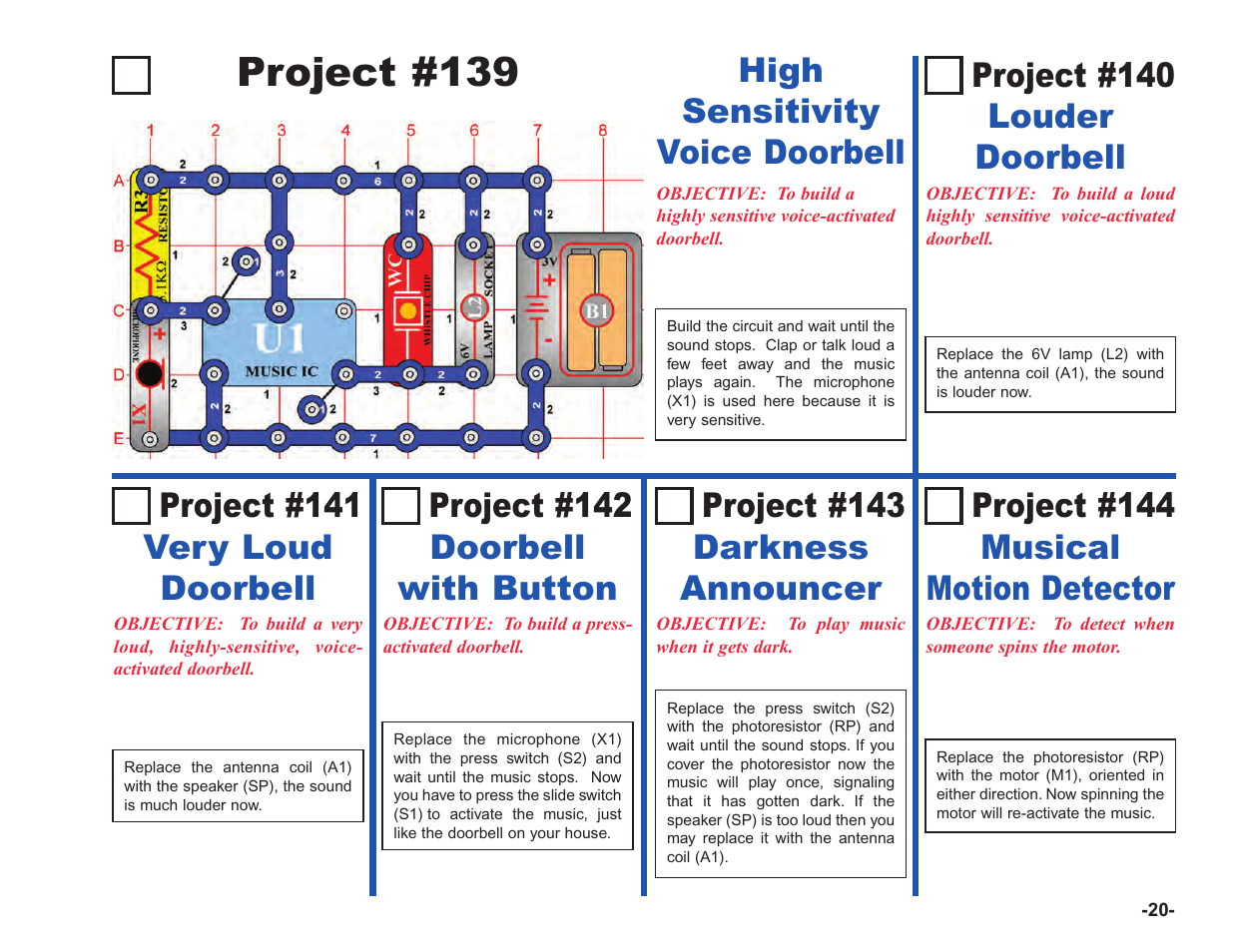 Project #139, Project #141 very loud doorbell, Project #143 darkness announcer | Project #142 doorbell with button, Project #144 musical motion detector, Project #140 louder doorbell, High sensitivity voice doorbell | Elenco Upgrade Kit SC100 to SC750 User Manual | Page 21 / 288