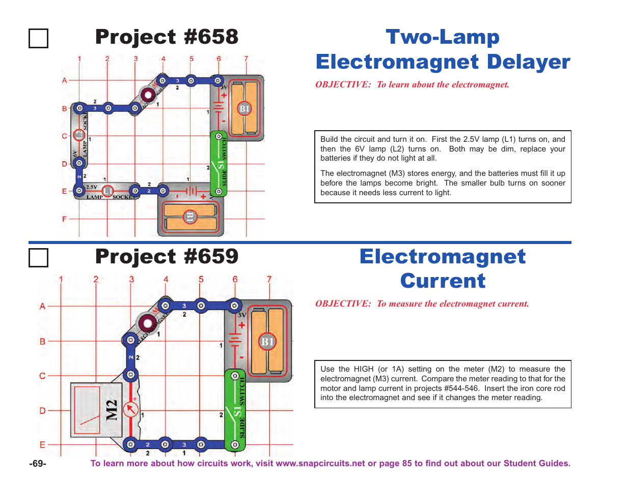 Project #658, Two-lamp electromagnet delayer, Project #659 | Electromagnet current | Elenco Upgrade Kit SC100 to SC750 User Manual | Page 210 / 288