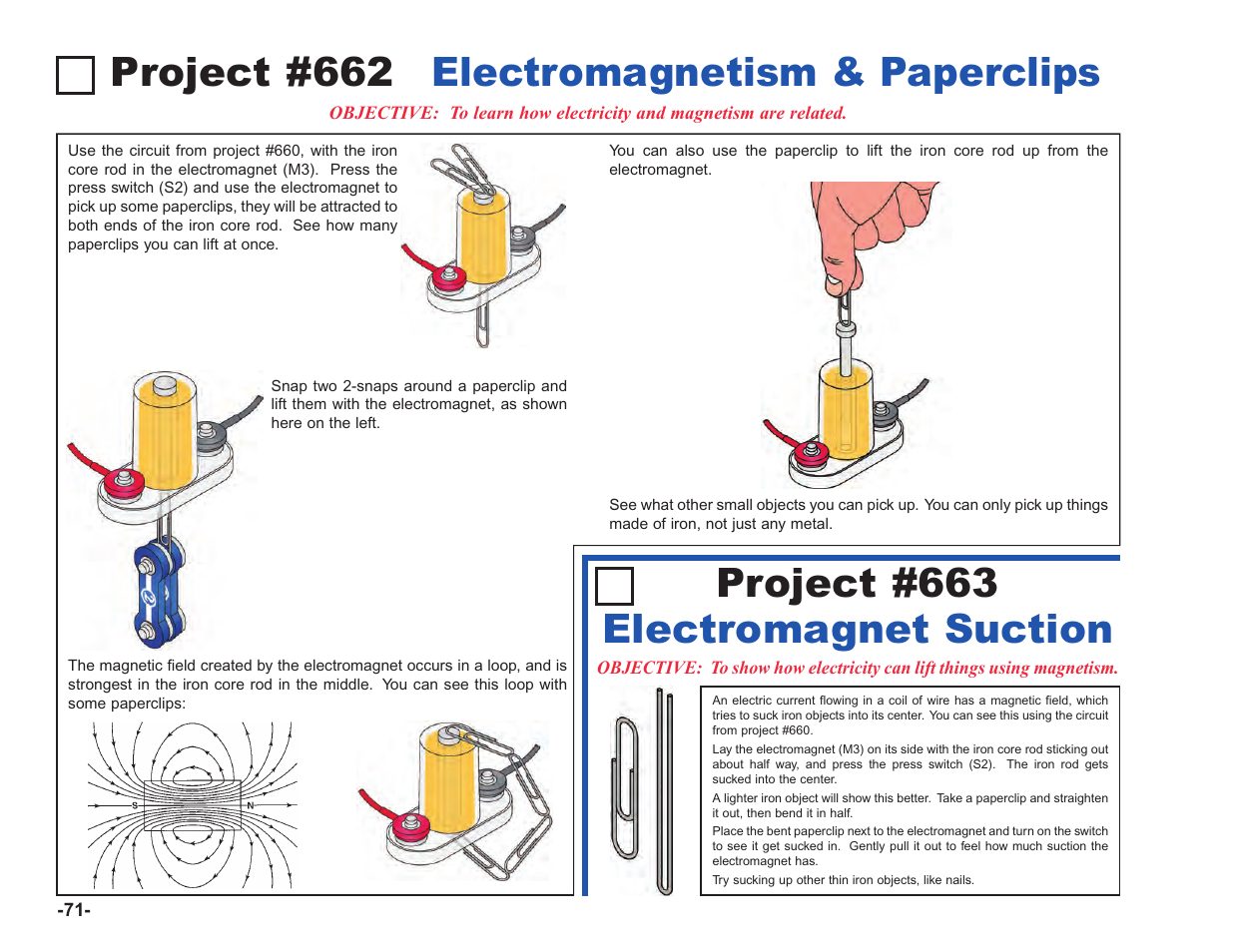 Project #662, Electromagnetism & paperclips project #663, Electromagnet suction | Elenco Upgrade Kit SC100 to SC750 User Manual | Page 212 / 288