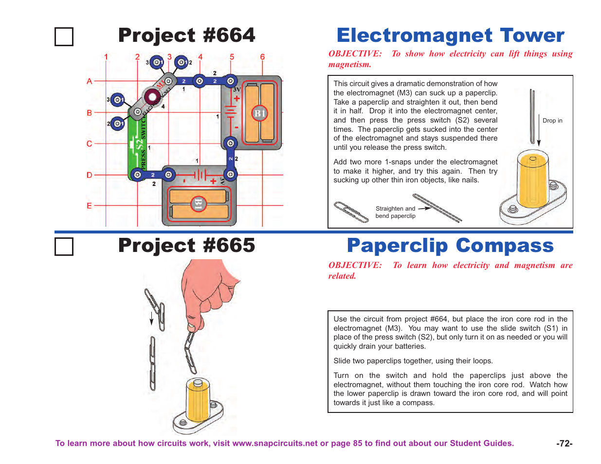 Project #664, Electromagnet tower project #665, Paperclip compass | Elenco Upgrade Kit SC100 to SC750 User Manual | Page 213 / 288