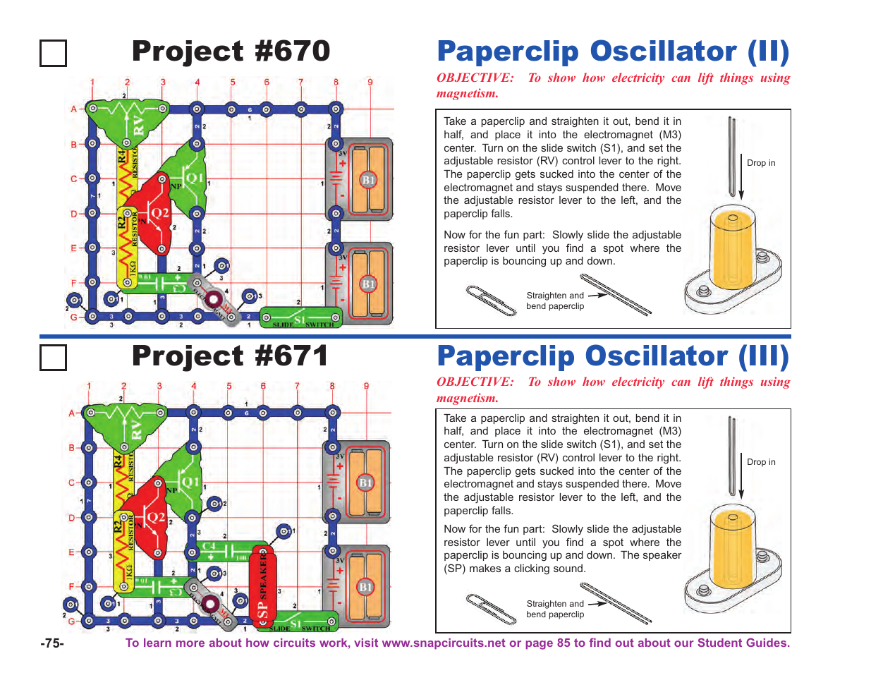 Project #670, Paperclip oscillator (ii) project #671, Paperclip oscillator (iii) | Elenco Upgrade Kit SC100 to SC750 User Manual | Page 216 / 288