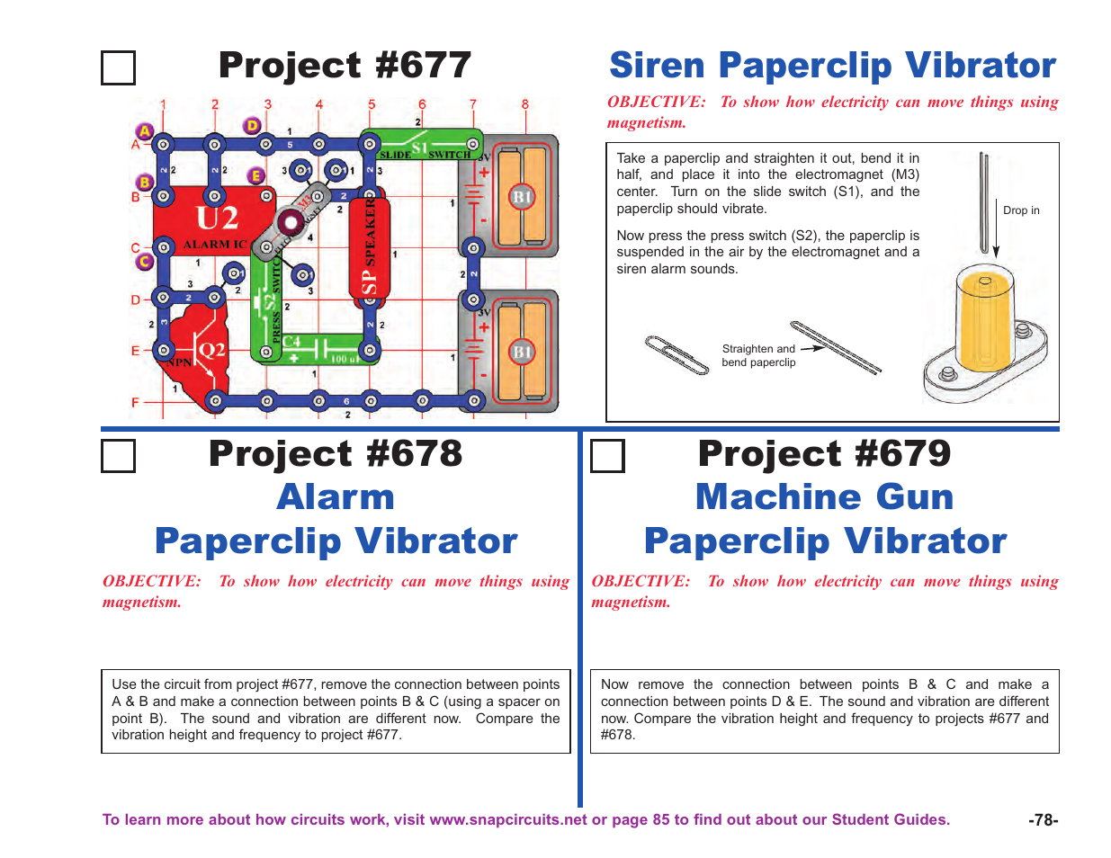 Project #677, Siren paperclip vibrator, Project #678 alarm paperclip vibrator | Project #679 machine gun paperclip vibrator | Elenco Upgrade Kit SC100 to SC750 User Manual | Page 219 / 288