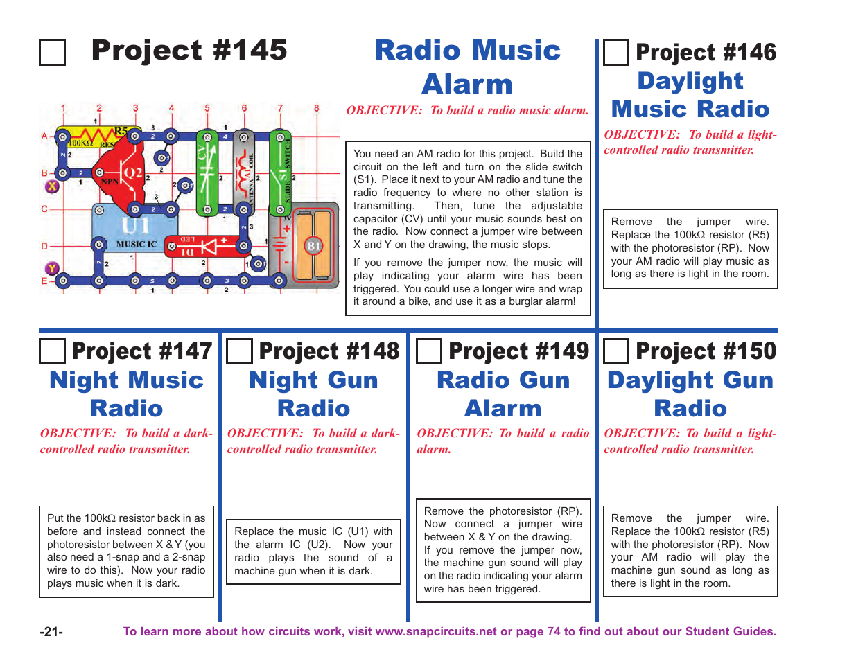 Project #145 radio music alarm, Project #147 night music radio, Project #149 radio gun alarm | Project #148 night gun radio, Project #150 daylight gun radio, Project #146 daylight music radio | Elenco Upgrade Kit SC100 to SC750 User Manual | Page 22 / 288