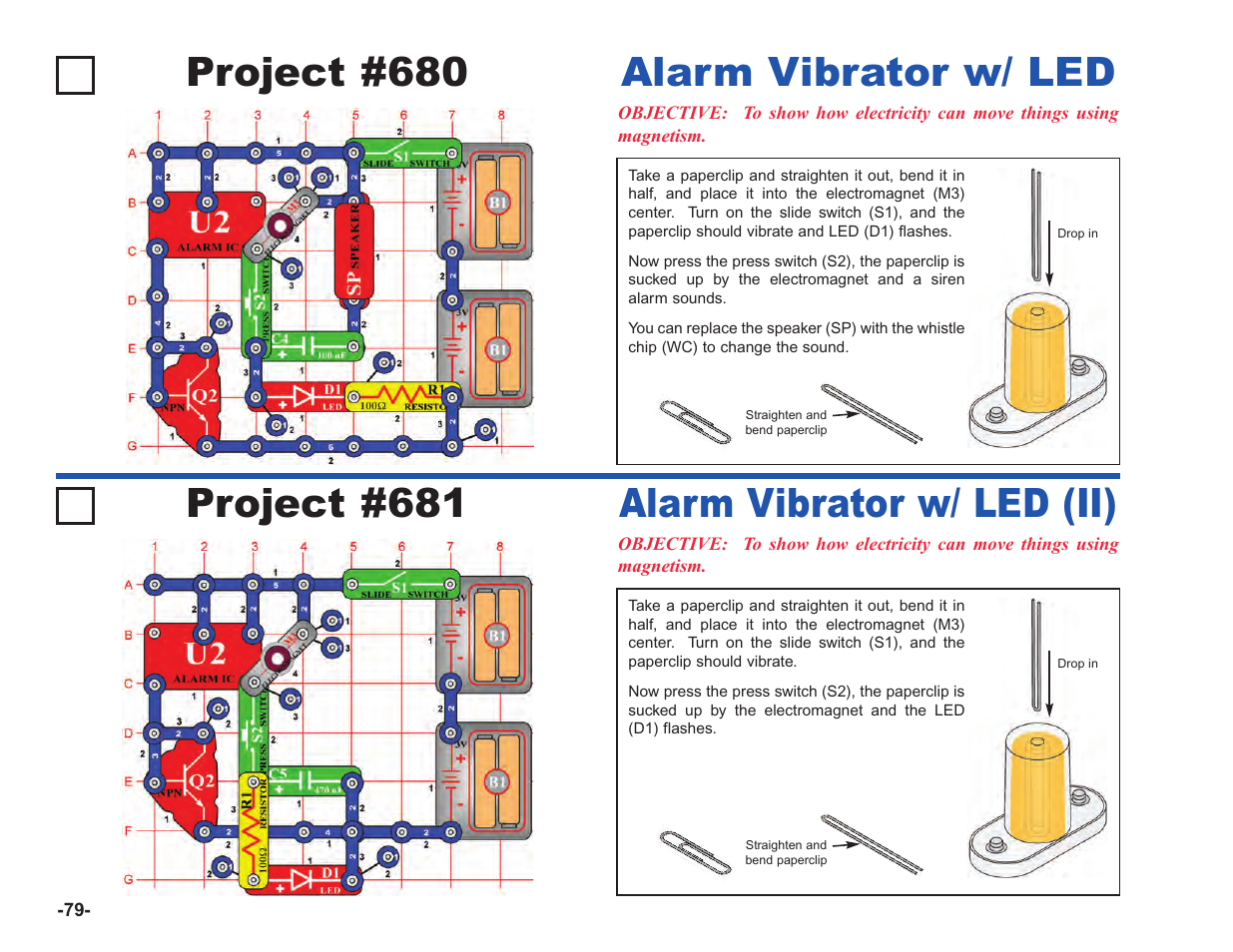 Project #680, Alarm vibrator w/ led, Project #681 | Alarm vibrator w/ led (ii) | Elenco Upgrade Kit SC100 to SC750 User Manual | Page 220 / 288