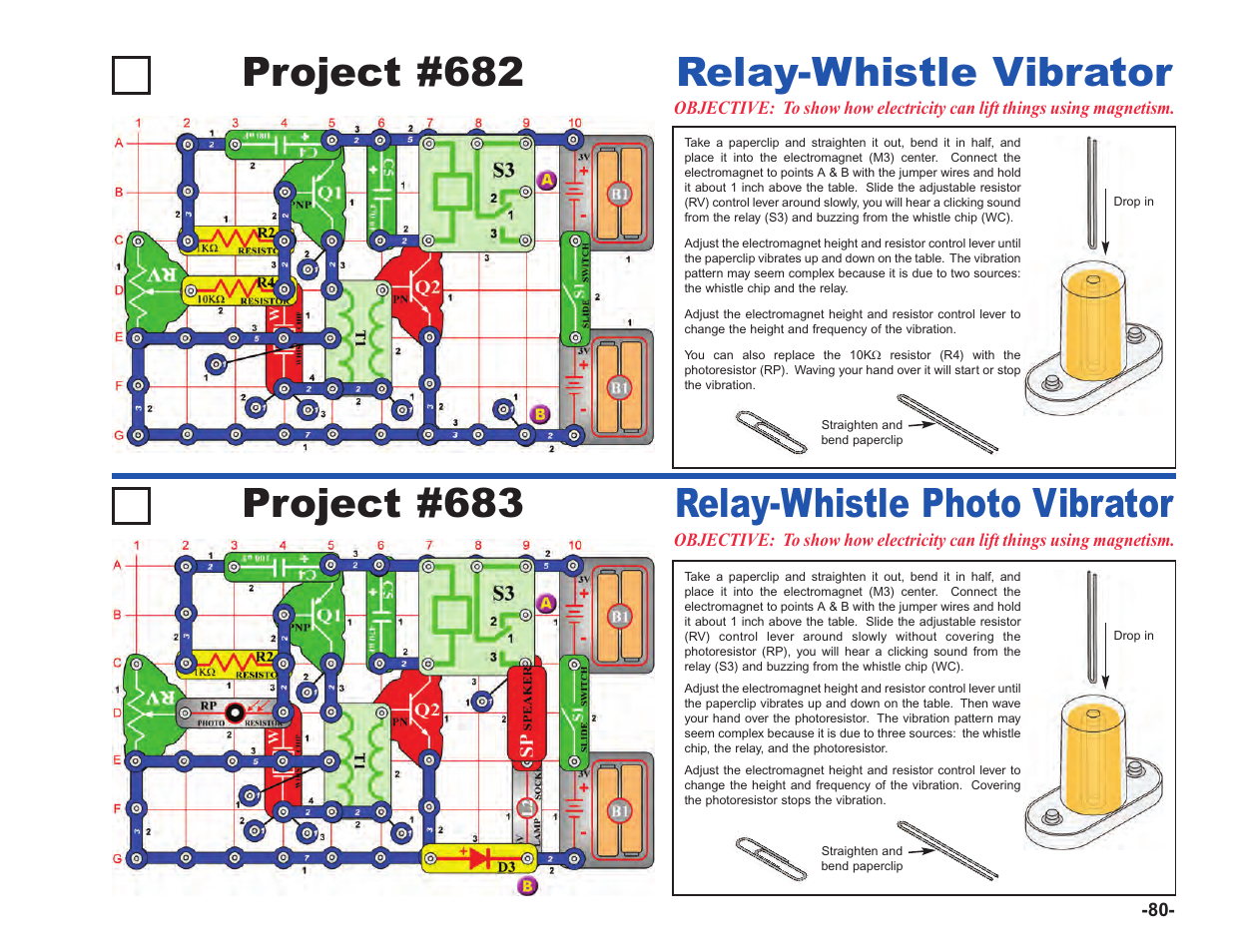 Project #682, Relay-whistle vibrator, Project #683 | Relay-whistle photo vibrator | Elenco Upgrade Kit SC100 to SC750 User Manual | Page 221 / 288