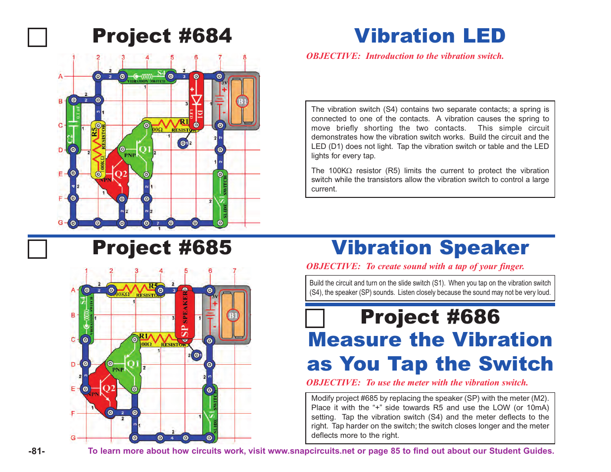 Project #684, Vibration led, Project #685 | Vibration speaker | Elenco Upgrade Kit SC100 to SC750 User Manual | Page 222 / 288