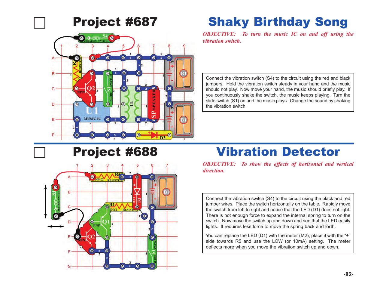 Project #687, Shaky birthday song, Project #688 | Vibration detector | Elenco Upgrade Kit SC100 to SC750 User Manual | Page 223 / 288