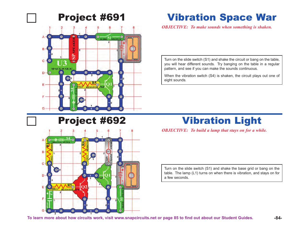 Project #691, Vibration space war, Project #692 | Vibration light | Elenco Upgrade Kit SC100 to SC750 User Manual | Page 225 / 288