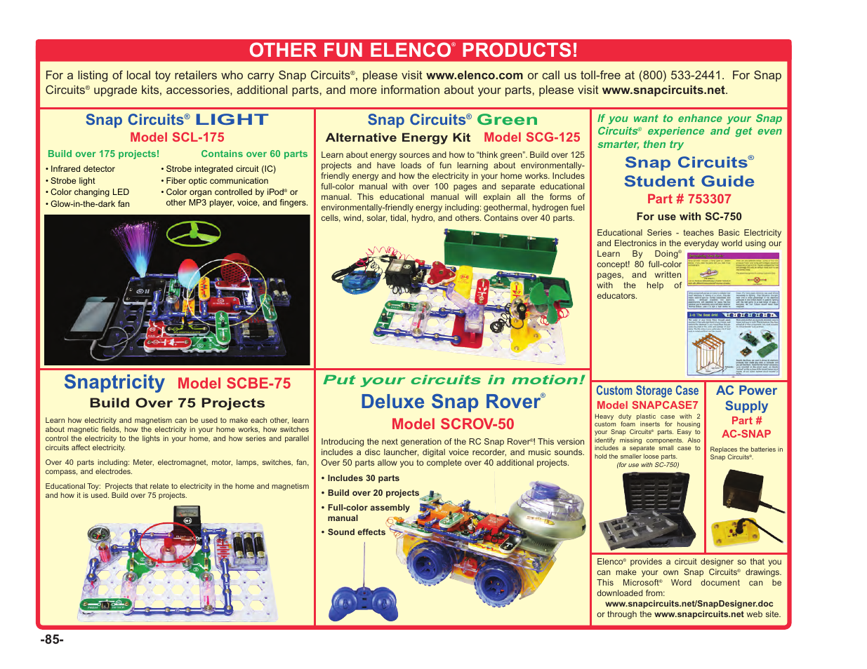 Other fun elenco, Products, Snaptricity | Deluxe snap rover, Model scbe-75, Model scrov-50, Snap circuits, Green, Light, Student guide | Elenco Upgrade Kit SC100 to SC750 User Manual | Page 226 / 288