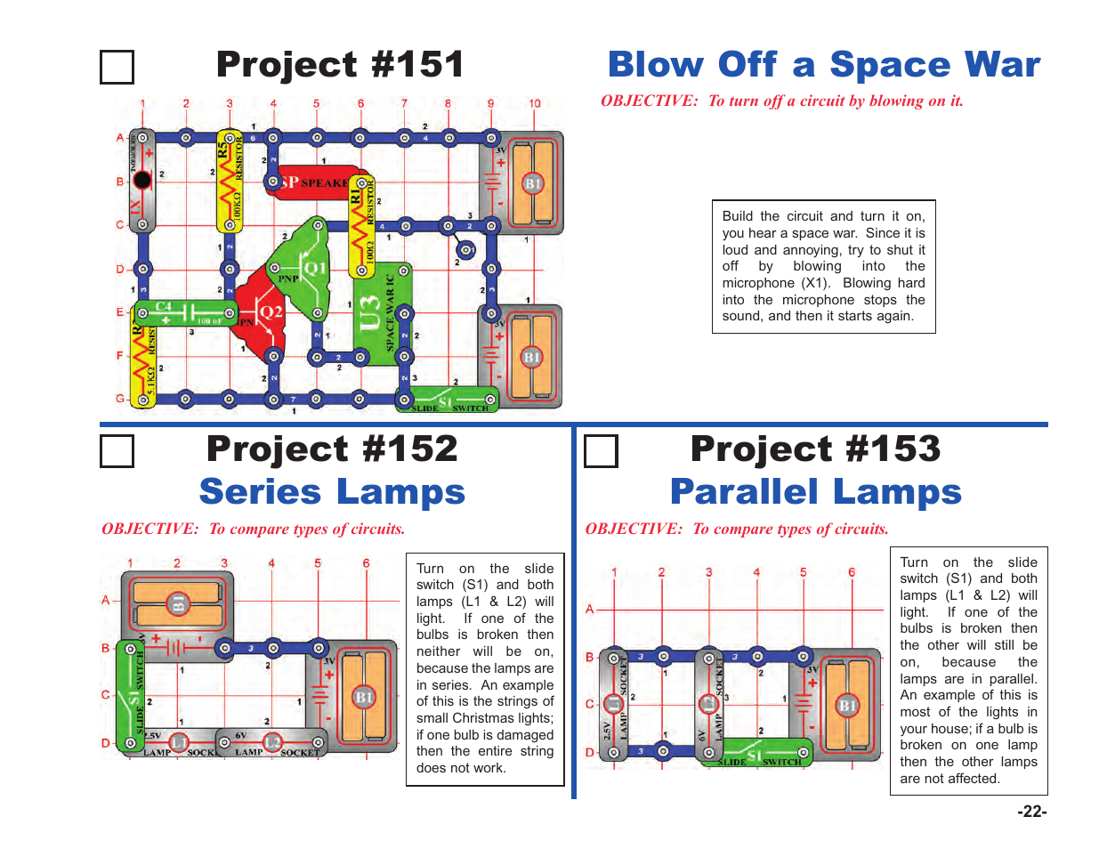 Project #151, Blow off a space war project #152 series lamps, Project #153 parallel lamps | Elenco Upgrade Kit SC100 to SC750 User Manual | Page 23 / 288