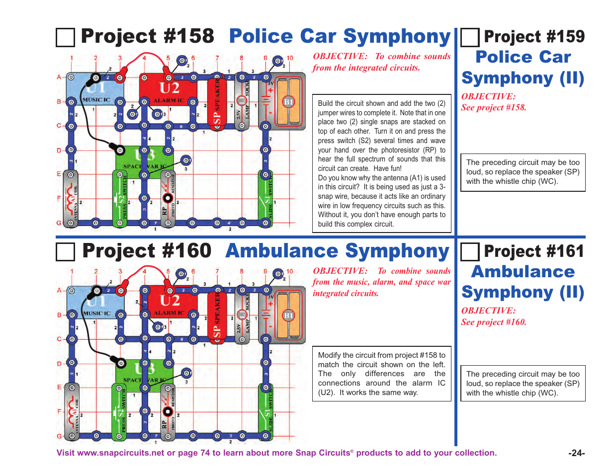 Project #158 police car symphony, Project #160 ambulance symphony, Project #161 ambulance symphony (ii) | Project #159 police car symphony (ii) | Elenco Upgrade Kit SC100 to SC750 User Manual | Page 25 / 288