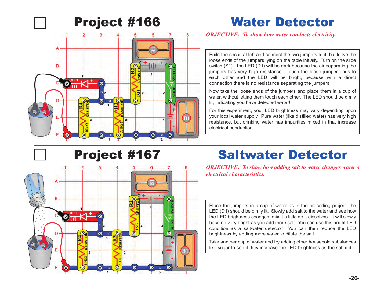 Project #166, Water detector project #167, Saltwater detector | Elenco Upgrade Kit SC100 to SC750 User Manual | Page 27 / 288