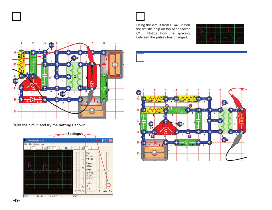 Project #pc47 oscillator sounds pc, Project #pc49 whistle chip sounds pc | Elenco Upgrade Kit SC100 to SC750 User Manual | Page 278 / 288