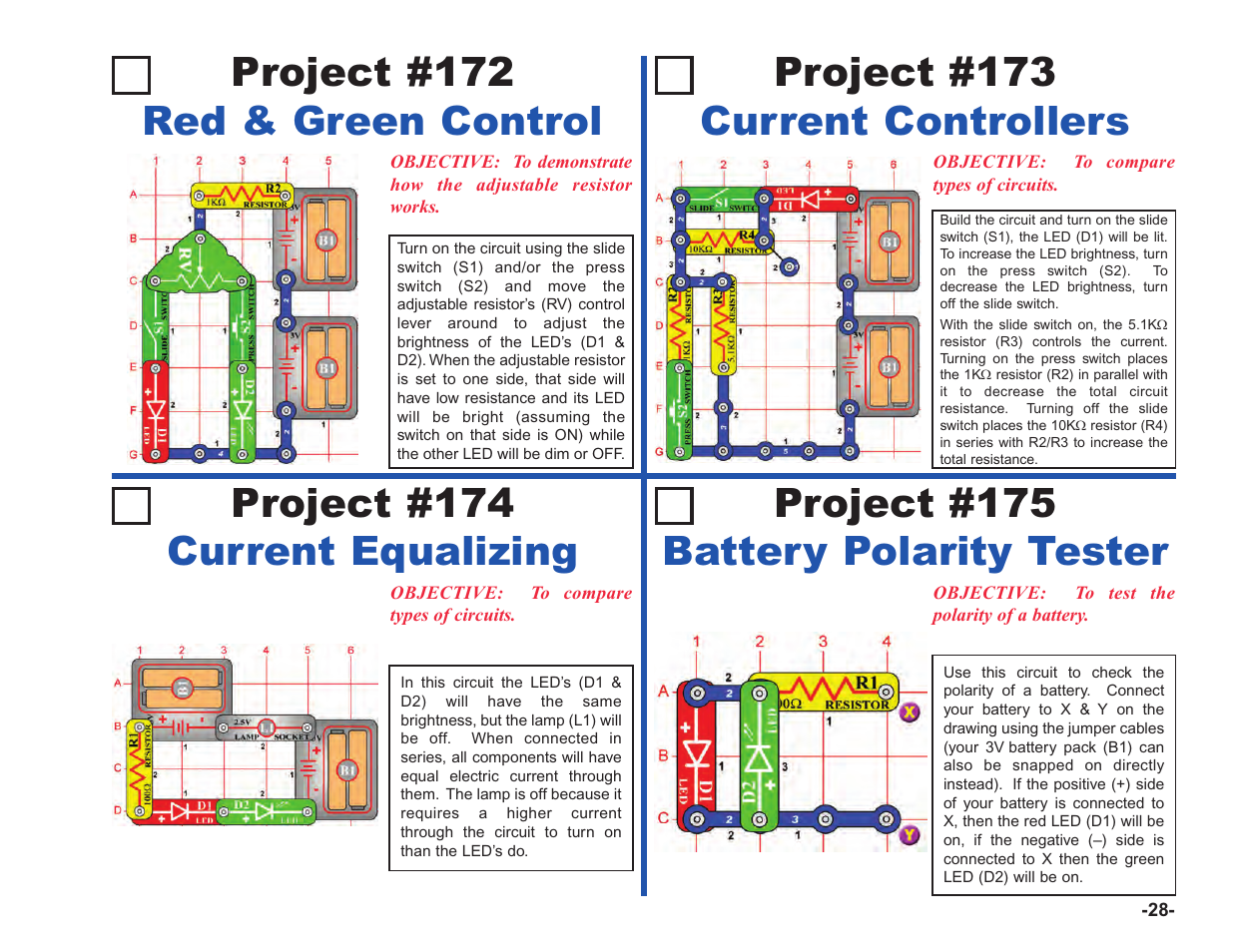Project #172 red & green control, Project #173 current controllers, Project #174 current equalizing | Project #175 battery polarity tester | Elenco Upgrade Kit SC100 to SC750 User Manual | Page 29 / 288