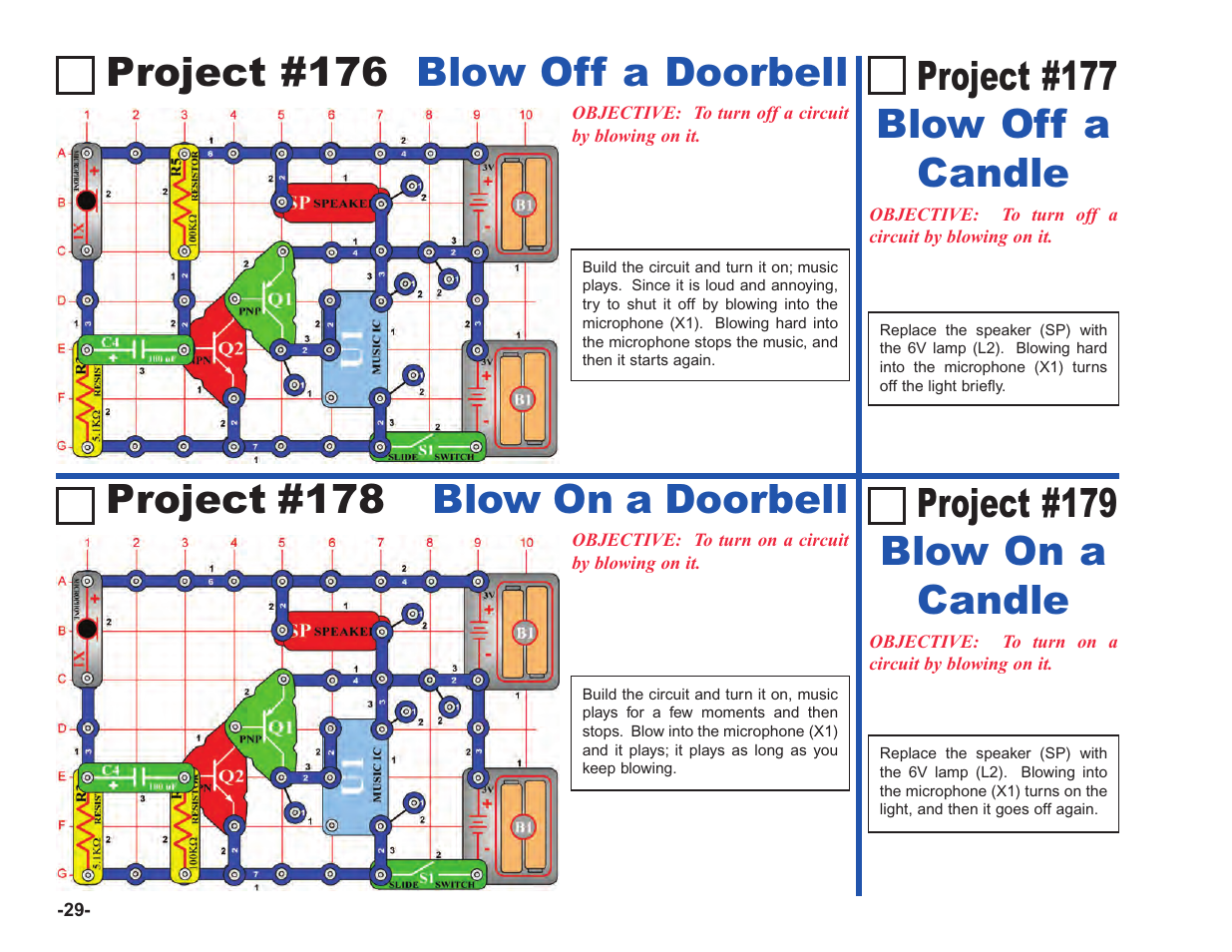 Project #176 blow off a doorbell, Project #179 blow on a candle | Elenco Upgrade Kit SC100 to SC750 User Manual | Page 30 / 288
