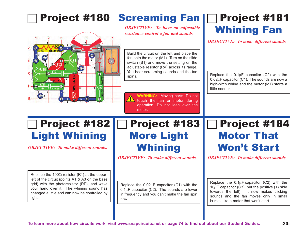 Project #180, Screaming fan project #182 light whining, Project #183 more light whining | Project #184 motor that won’t start, Project #181 whining fan | Elenco Upgrade Kit SC100 to SC750 User Manual | Page 31 / 288