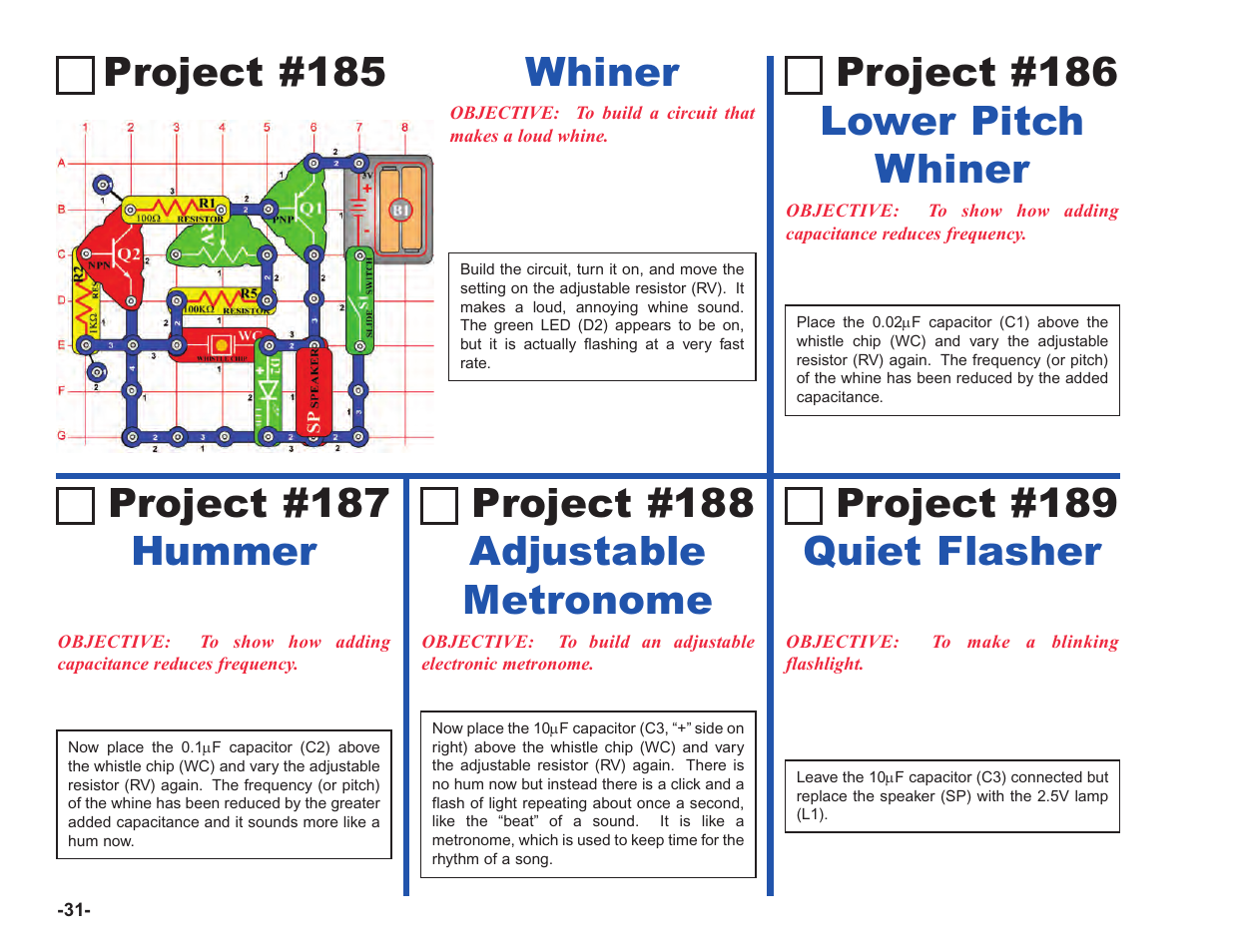 Project #185, Whiner project #187 hummer, Project #188 adjustable metronome | Project #189 quiet flasher, Project #186 lower pitch whiner | Elenco Upgrade Kit SC100 to SC750 User Manual | Page 32 / 288