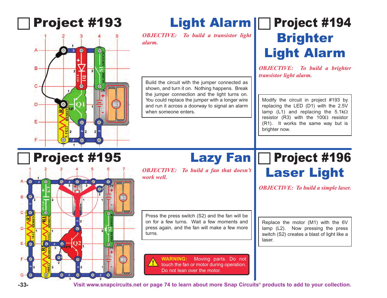 Project #193 light alarm, Project #196 laser light, Project #195 lazy fan | Project #194 brighter light alarm | Elenco Upgrade Kit SC100 to SC750 User Manual | Page 34 / 288