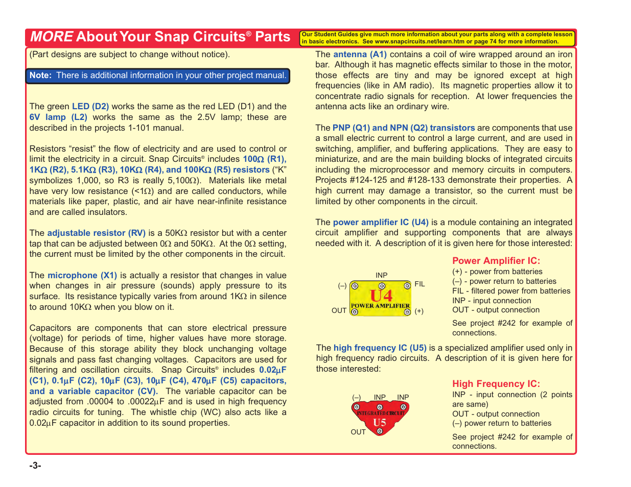 More, About your snap circuits, Parts | Elenco Upgrade Kit SC100 to SC750 User Manual | Page 4 / 288